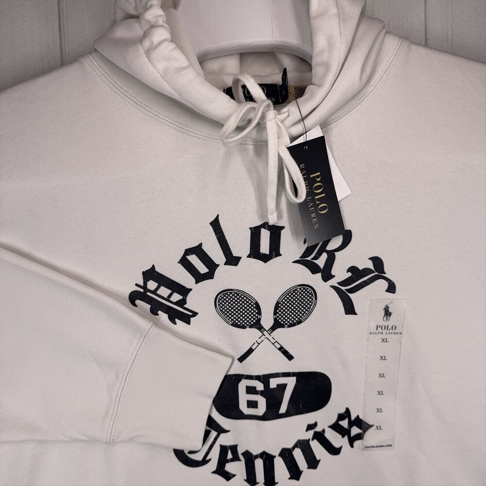PRL Tennis 67 Hoodie Mens XL White Fleece Pullover Polo Ralph Lauren